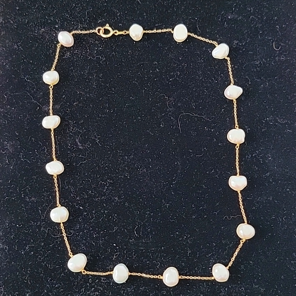 16 inch 14kt gold pearl station necklace - large natural pearls.